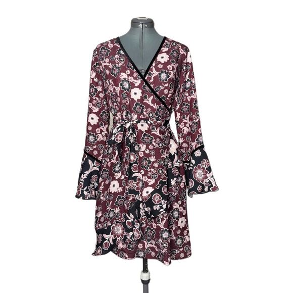 NWT Ella Moon Lena Ruffled Sleeve V- Neck Wrap Dress Women's Medium Maroon,Black - Picture 2 of 16